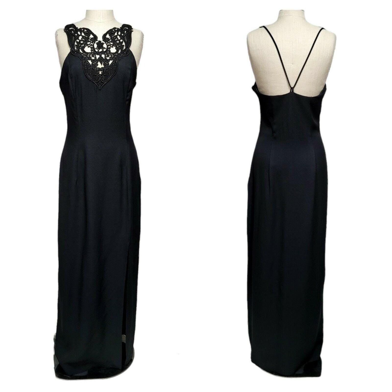 Vintage 90s Jessica McClintock Gunne Sax Black Halter Long Evening Gown Prom