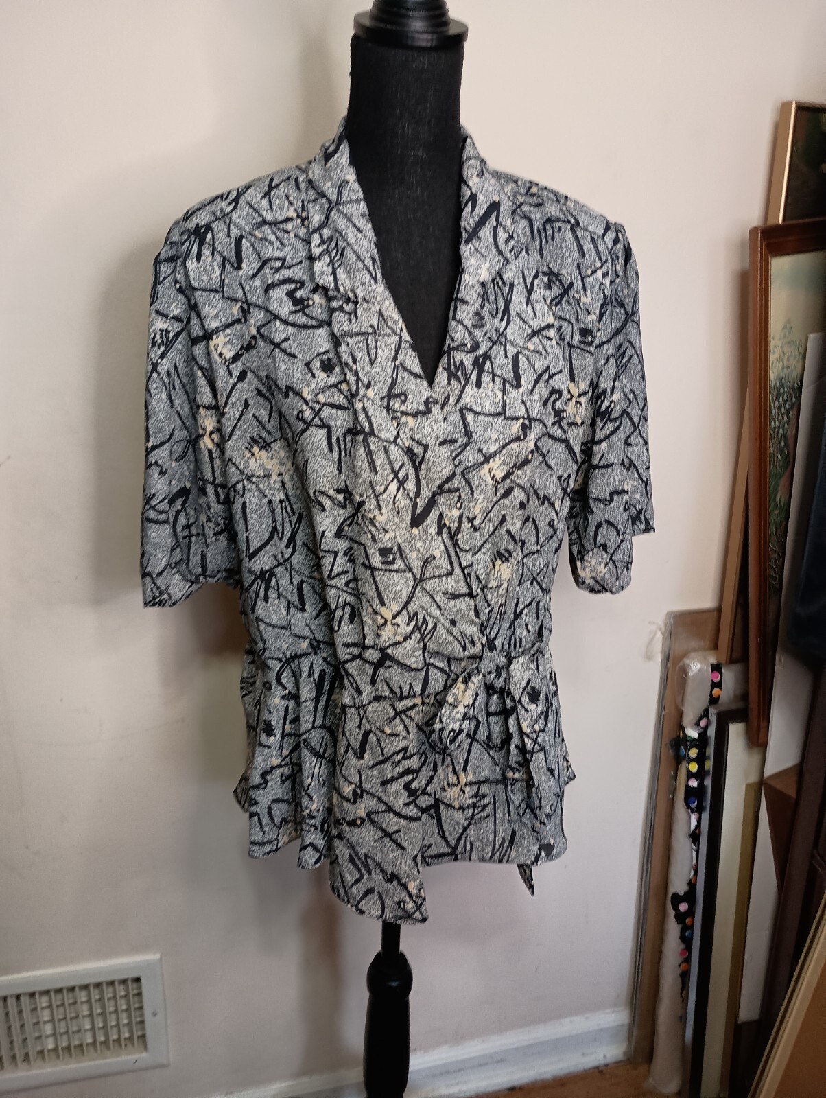 Vintage 80s Wrap Blouse New Wave Peplum Lady Shapely Size 36 Med/Large