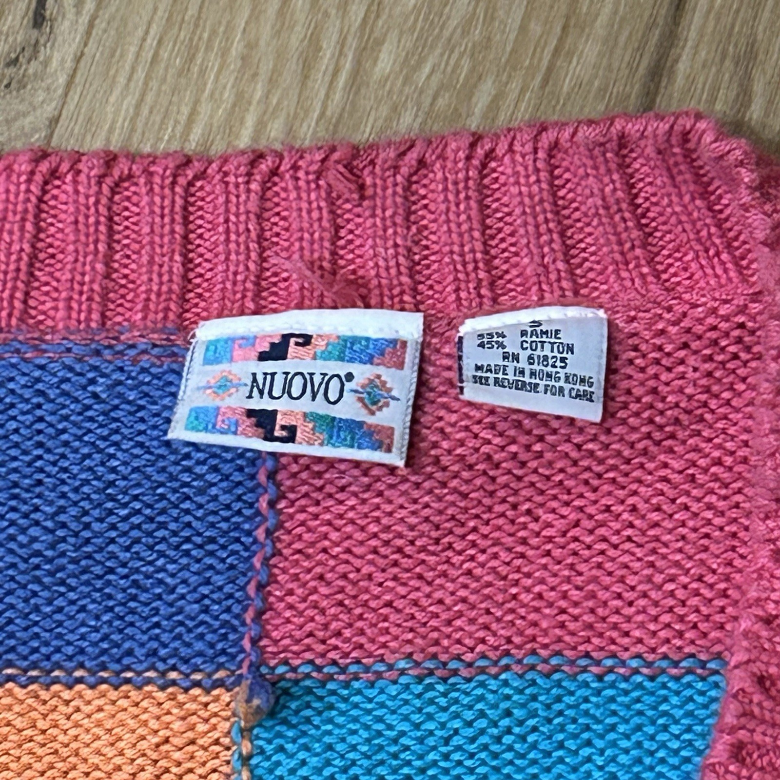 Vintage Pink Colorblock Sweater Ramie Cotton Bright Checkerboard 80s 90s