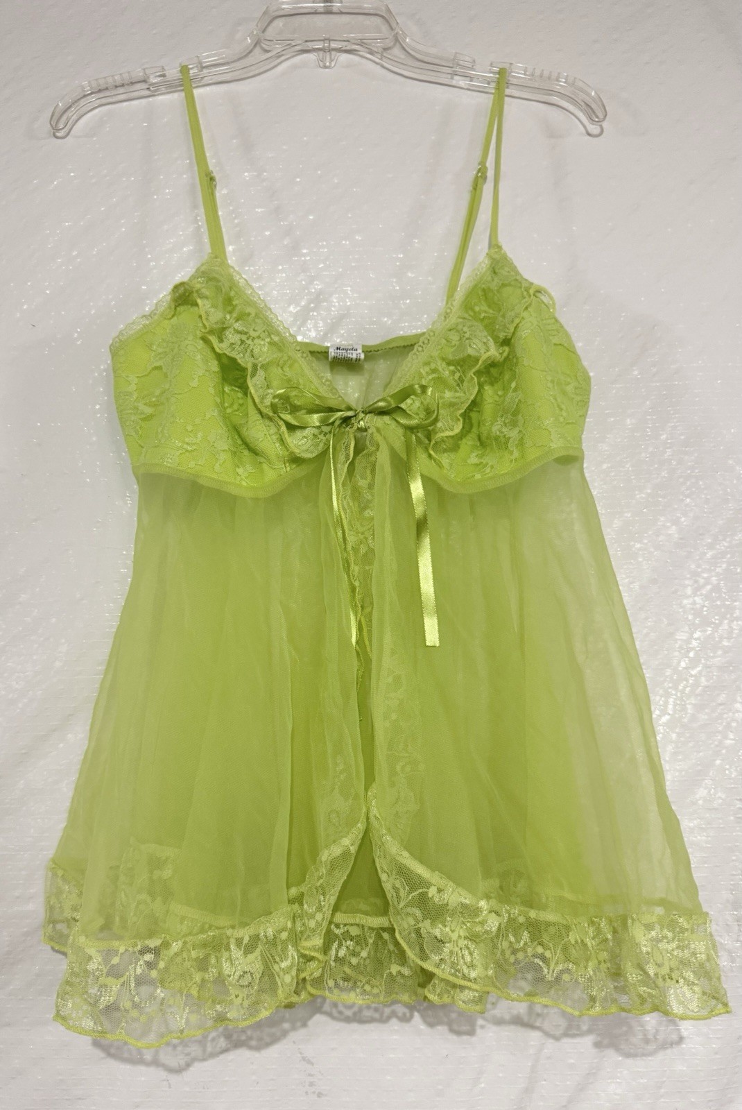 Vtg Mayela Neon Green Sexy Sheer Nylon Teddy Babydoll Lace Bow Princess Fairy XL