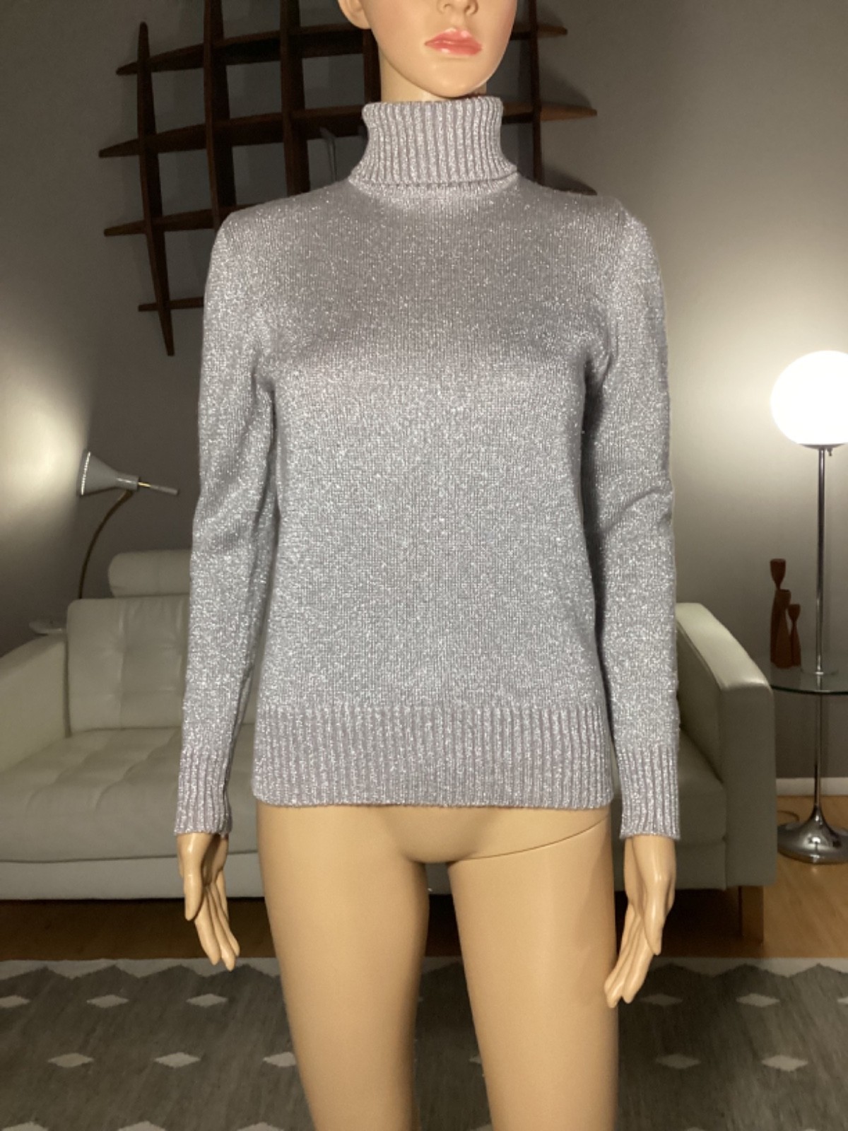 Vintage 70s LeRoy Knitwear Metallic Silver Acrylic Turtleneck Sweater Disco Mod