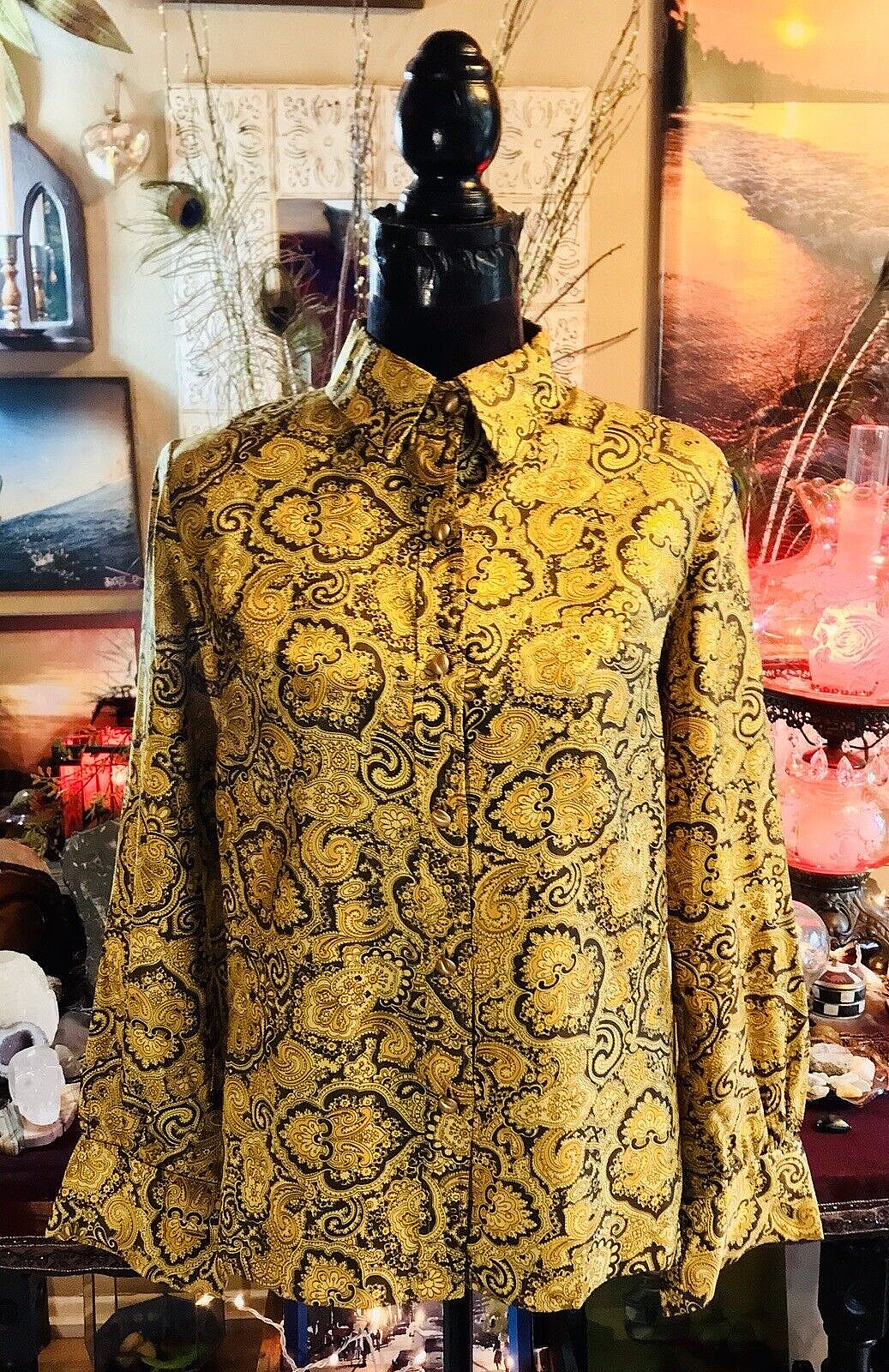 Vintage Bohemian Silky Hippie Day Trip Acid Print Classic Artist Festival Blouse