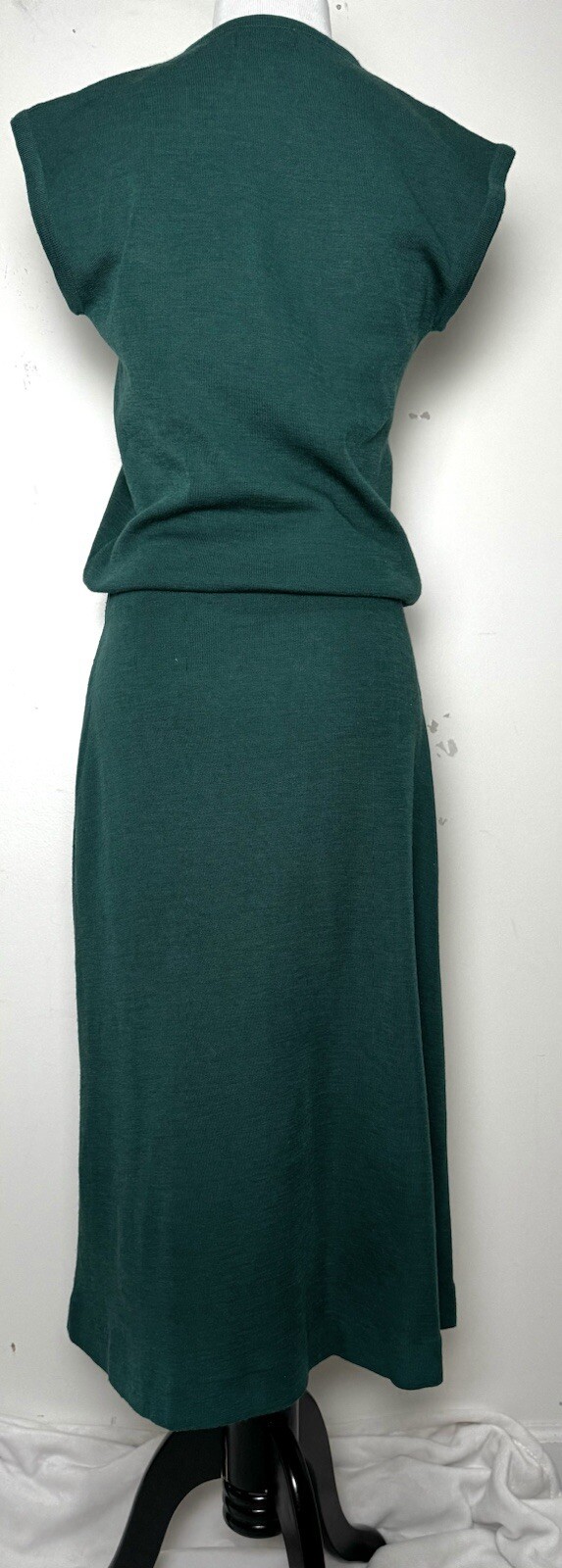 Vtg 70s Wool Knit Matching Outfit M Green Crop Top Swing Skirt Dress Set 2 Pc