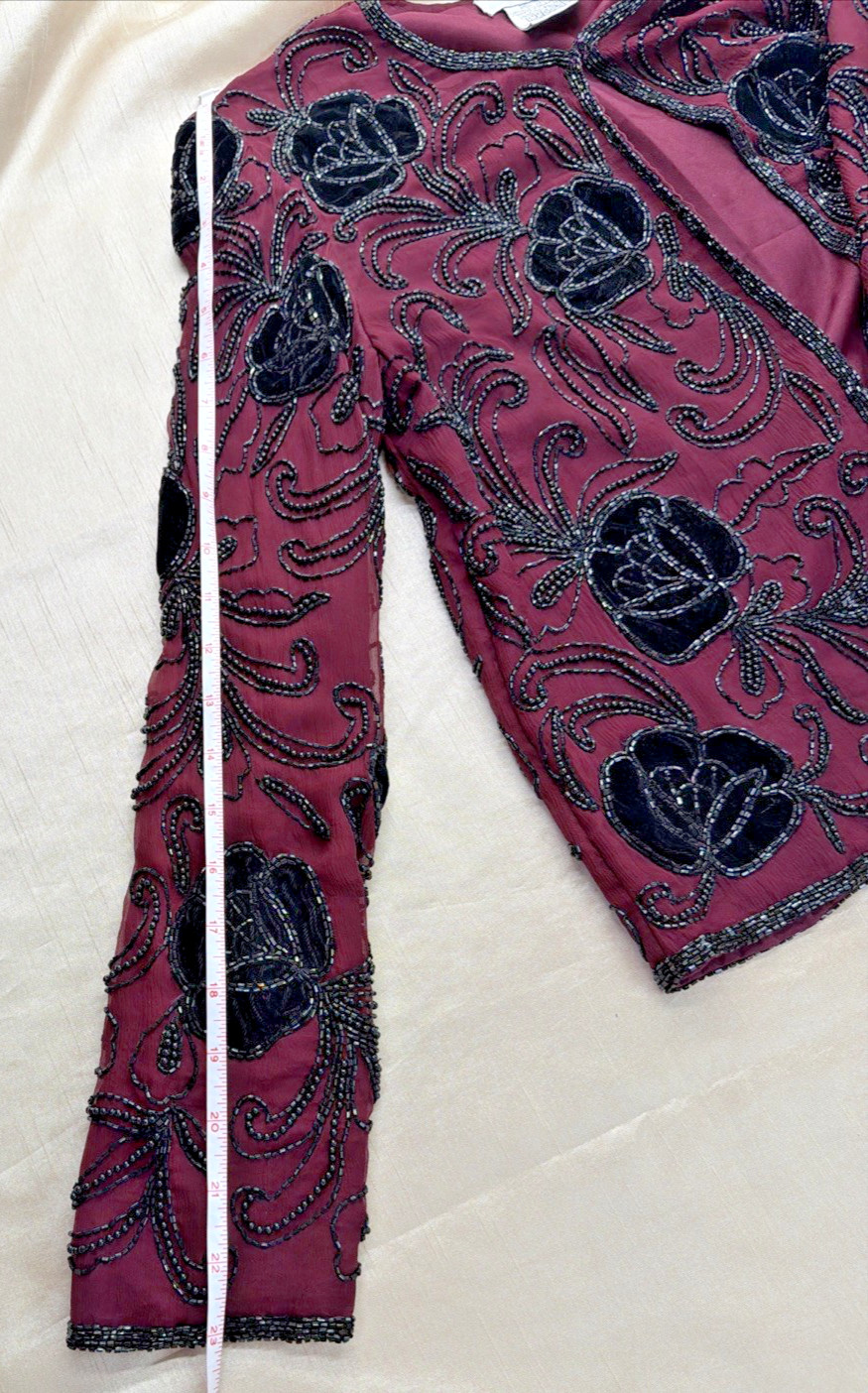 Adrianna Papell Silk Beaded Ornate Evening Jacket Small Burgundy Black Velvet