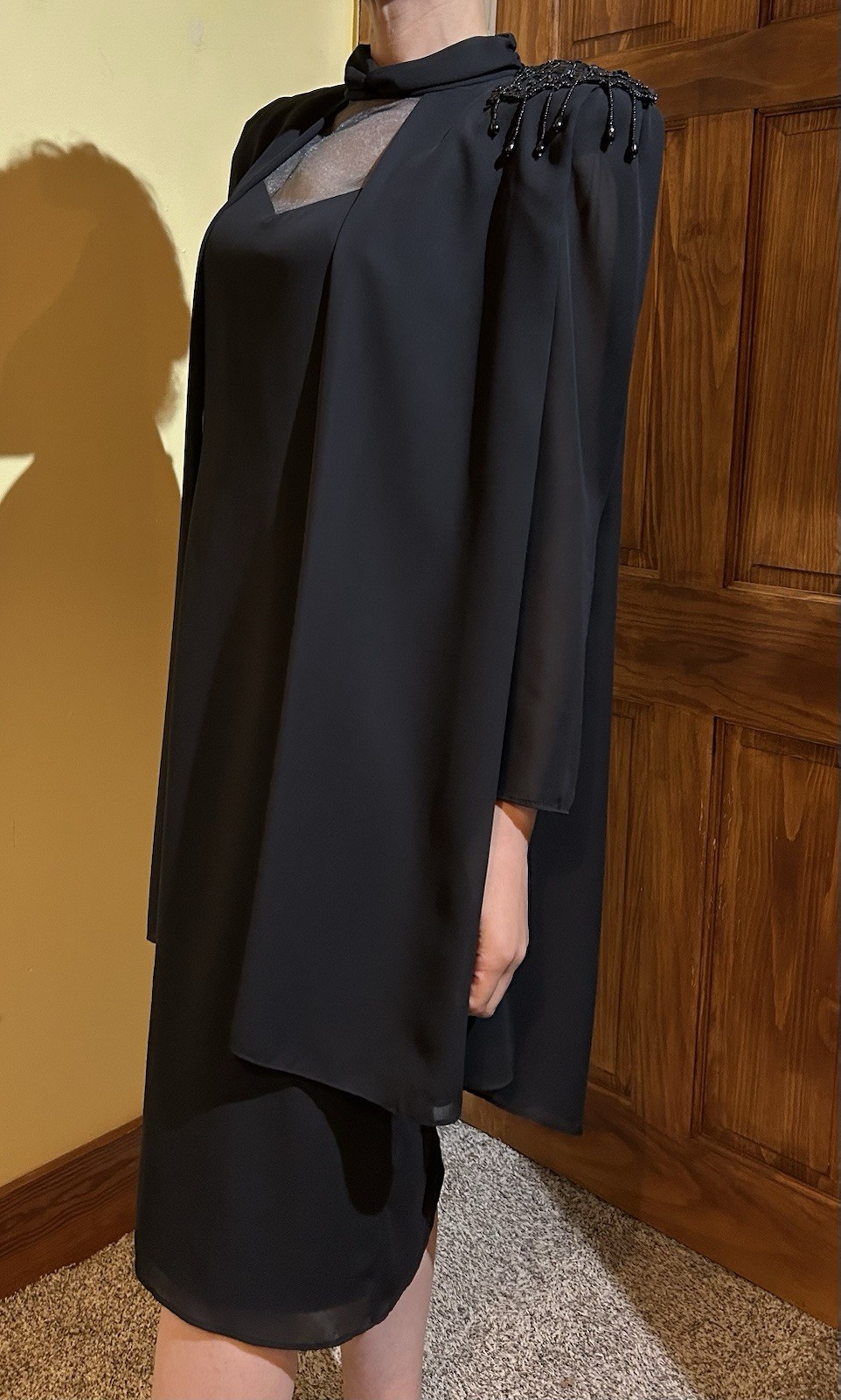 Vintage 80s Black Chiffon Dress With Capulet Beaded Shoulder Size 10 Goth Vampy