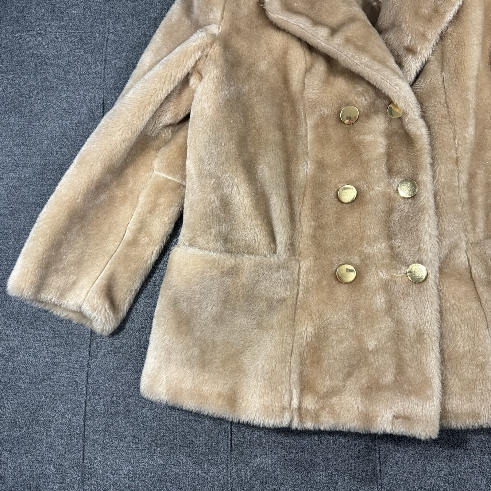 Vintage Sears Coat Womens 12 Faux Fur Camel Beige Gold Buttons Double Breasted