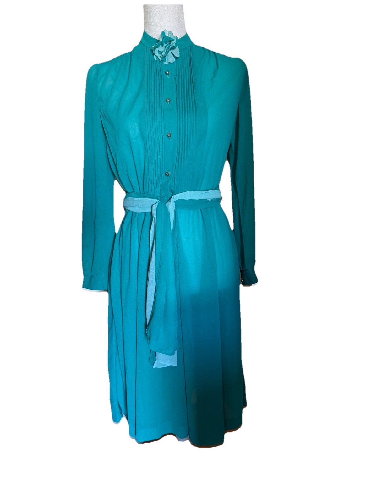 Vtg 70s 80s Teal Green Sheer Chiffon Secretary Dress Sash Belted Midi
