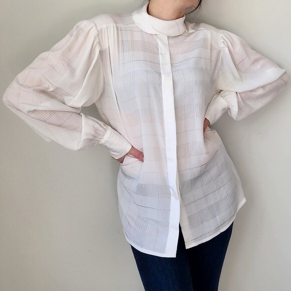 Vintage 80s Messages White Semi Sheer Check Pattern Puff Sleeve Blouse 12