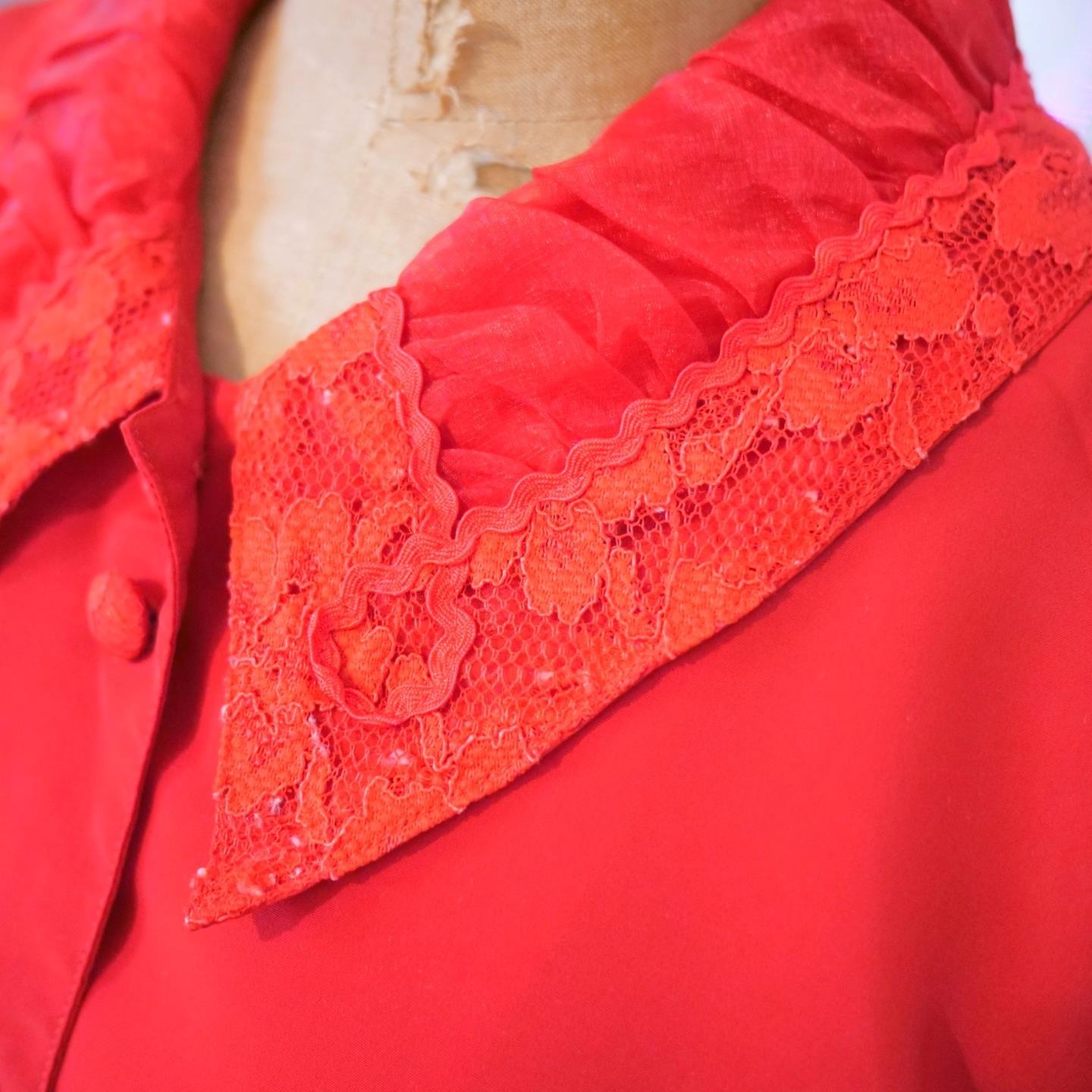 Vintage 60s OLEG CASSINI Burma Mod Red Blouse Top Lace Organza Portrait Collar M