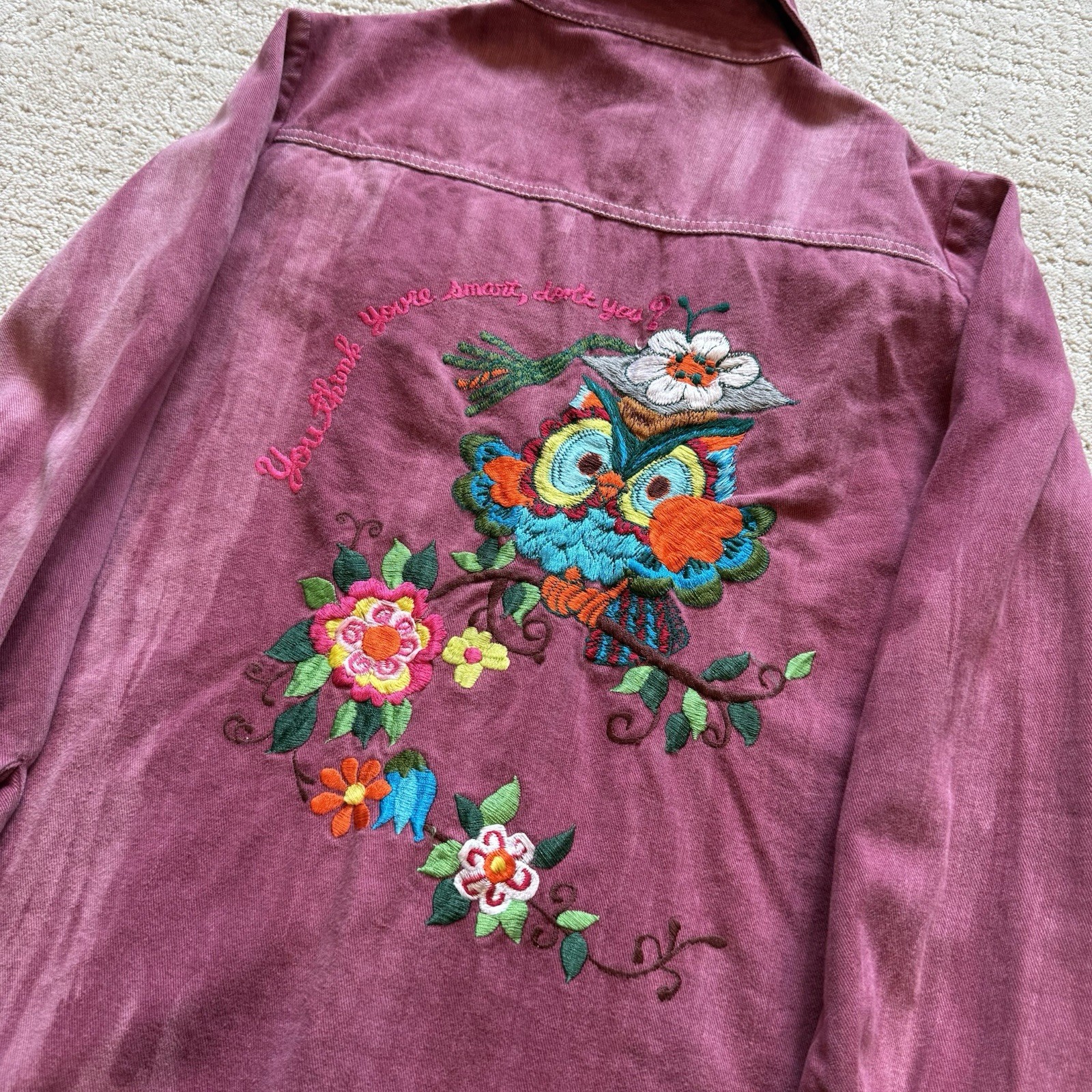 VTG 70s It’s Rich Embroidered Owl Snap Button Shirt Size Small Made In Hong Kong