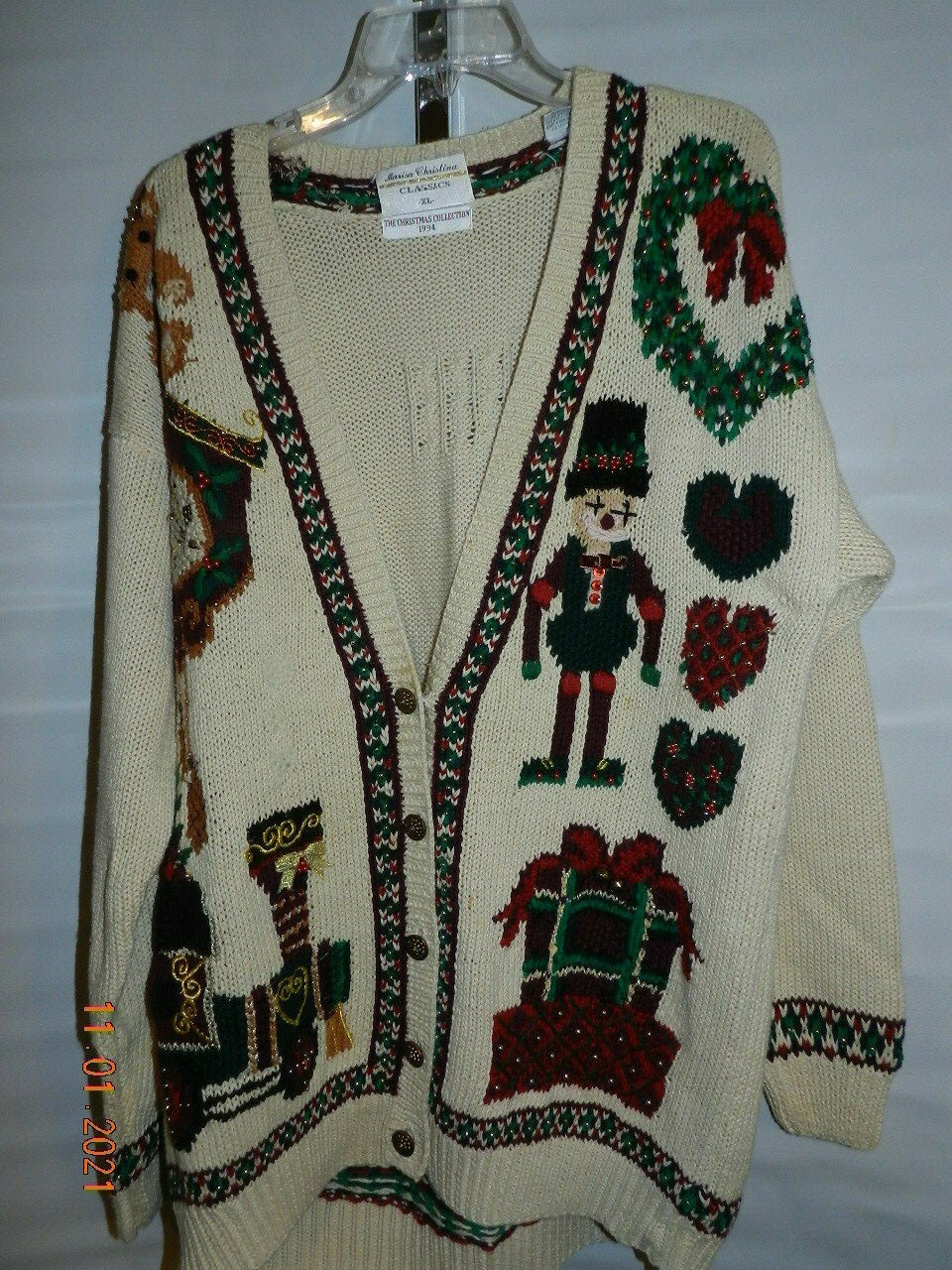 Marissa Christina Ugly Christmas Train bear sweater beads bells 1994 XL