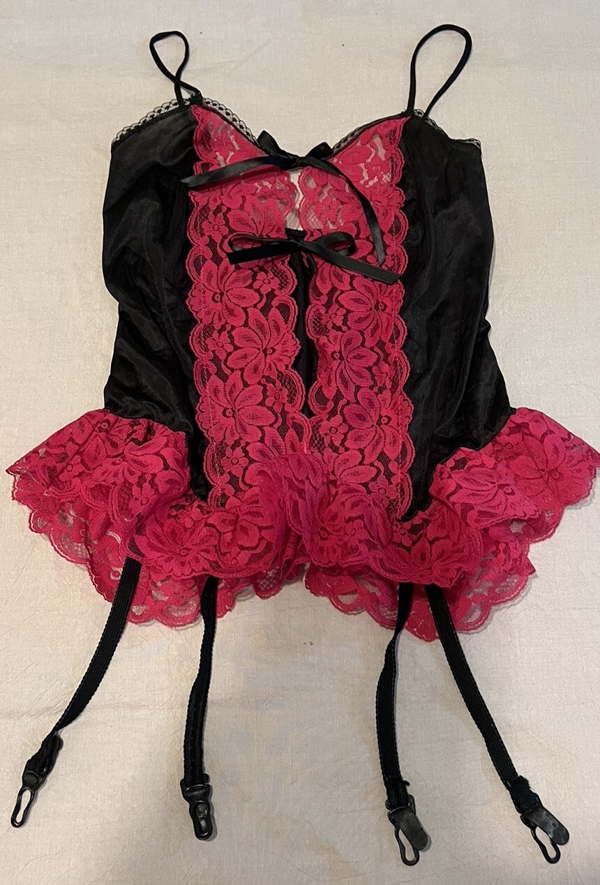 Vintage Juliana Teddy / Garter Pink/ Black Satin Lace Size Small Sexy