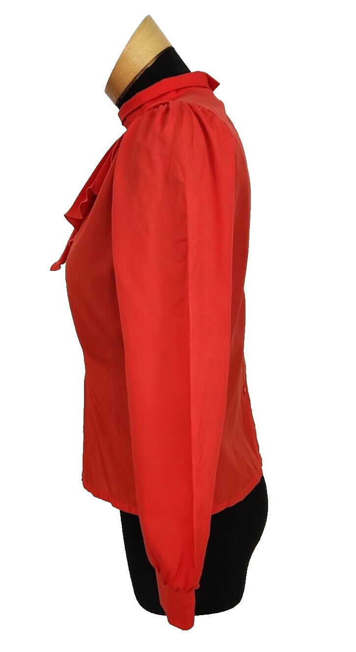 Vtg 70s Rust Red Long Sleeve Blouse Oversized Ruffled Collar Fitted Waist Retro