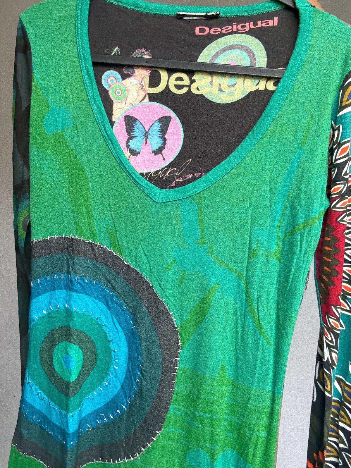 Desigual long sleeve green graphic blouse – bold print, tie waist detail – soft