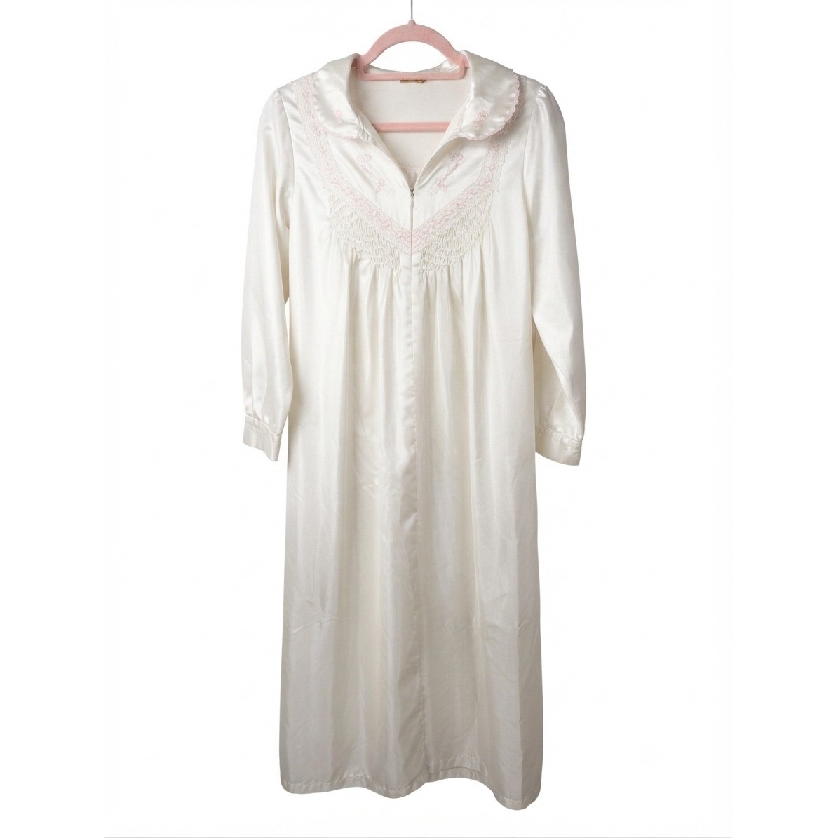 Vintage Barbizon White Satin Nightgown Pink Floral Smocked Cottagecore 70s 80s