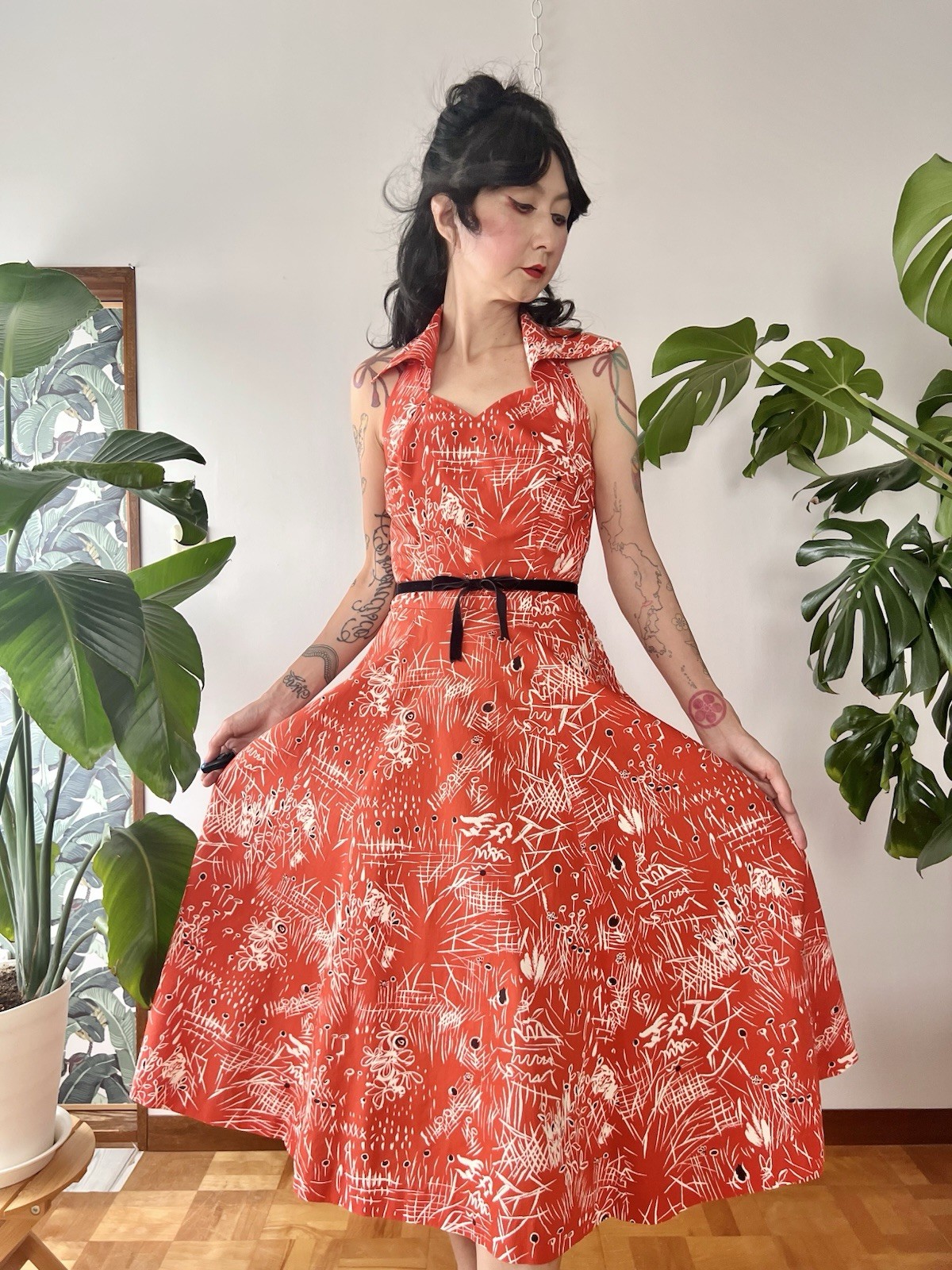 50s Abstract Print Collared Halter Neck Corset Lace Up Cotton Dress S/M LVL Tiki