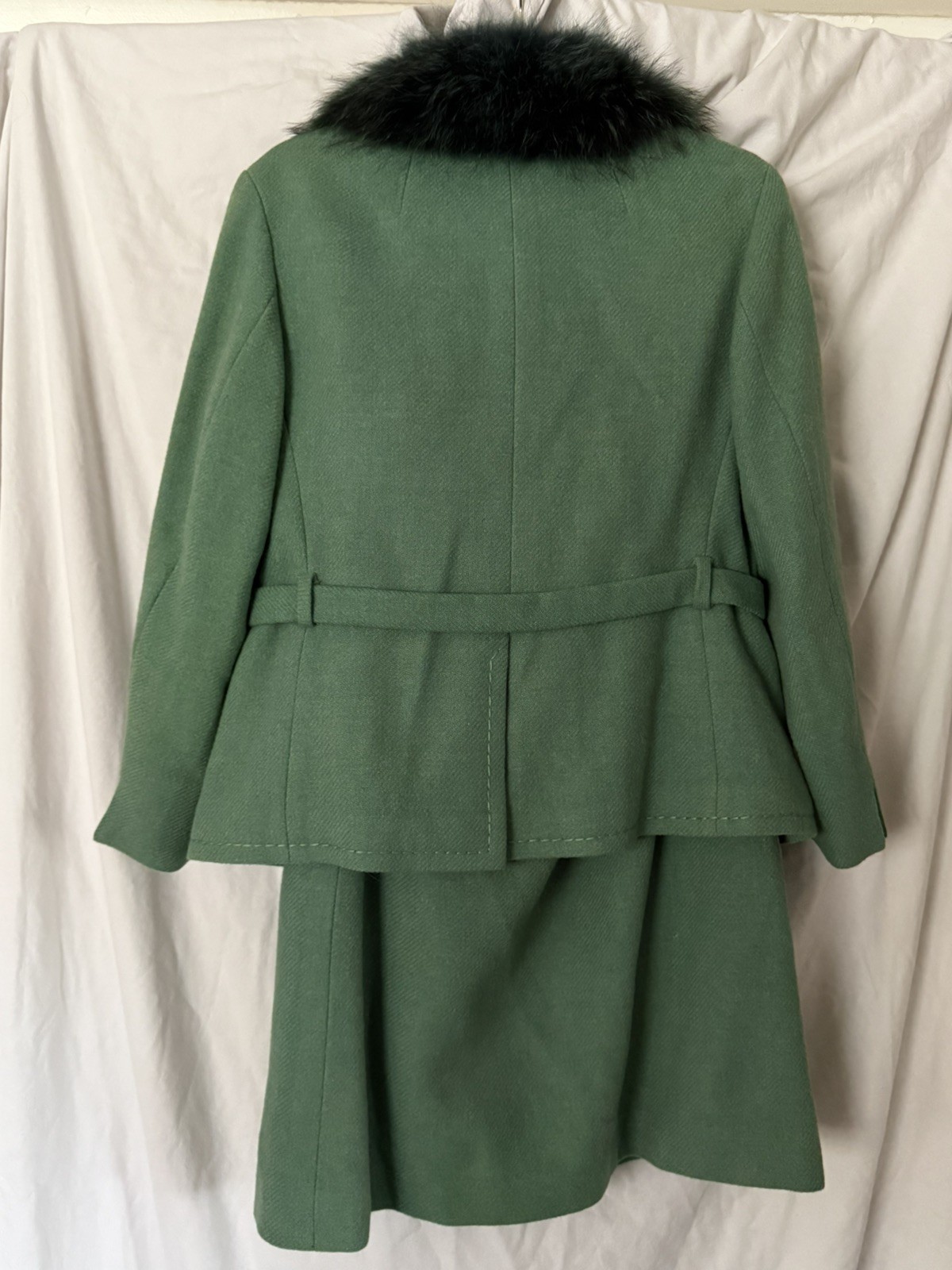 Vintage 1970s Canda Couture Pure Wool Skirt Suit Aqua Fur Collar Belted Sz 10/12