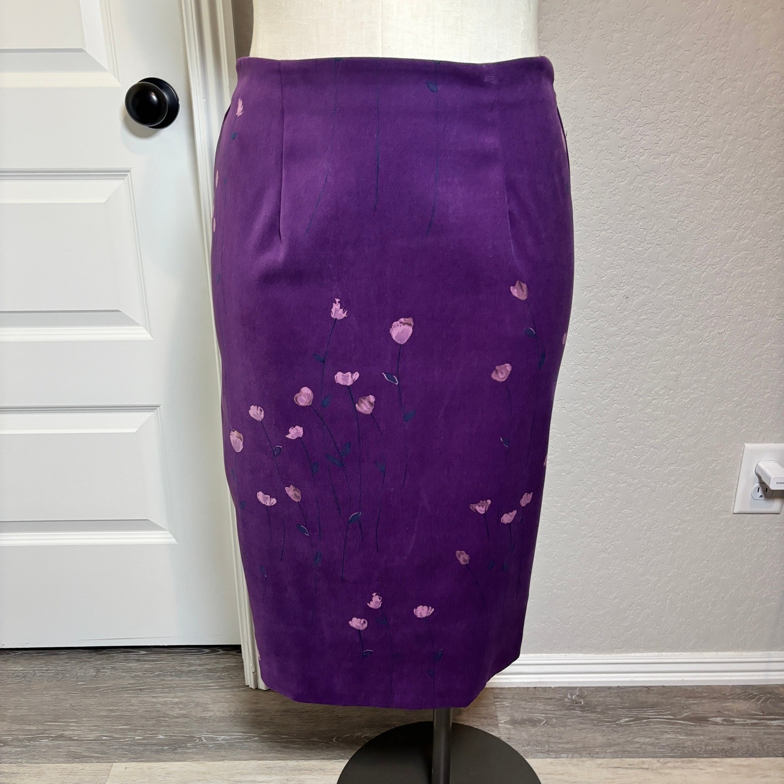 Leslie Fay Vintage Purple Floral Skirt Suit Set Jacket Midi Skirt Size 14