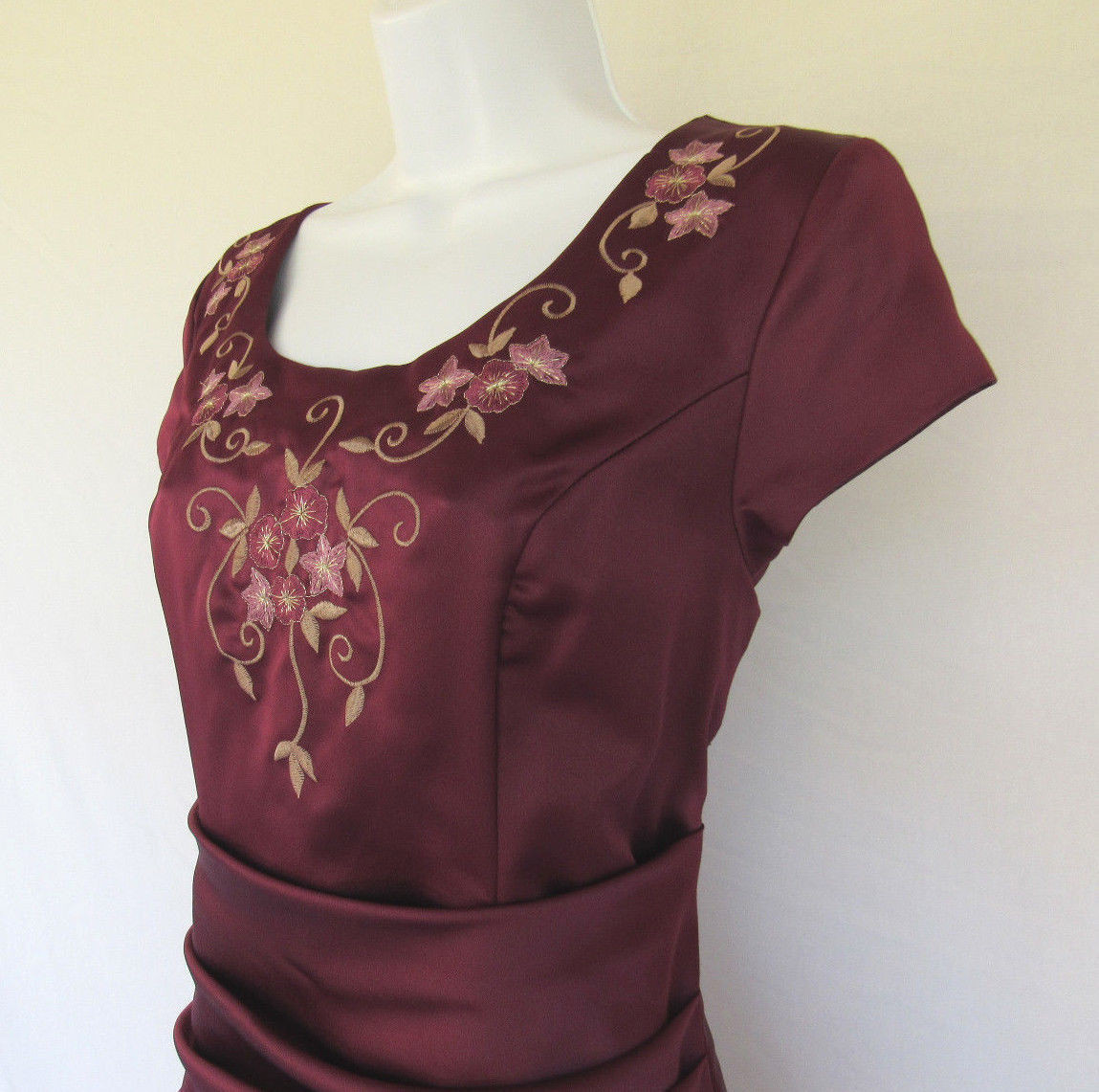 VTG 1970s 80s SAKS FIFTH AVENUE EVENING FORMAL DRESS BURGUNDY WINE EMBROIDERY