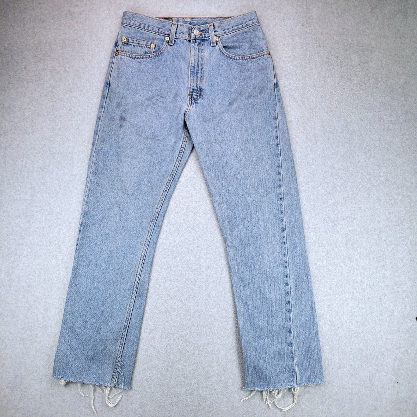 Levi’s 505 Regular Fit Jeans Womens 31×28 Light Wash Distressed Raw Hem Vintage