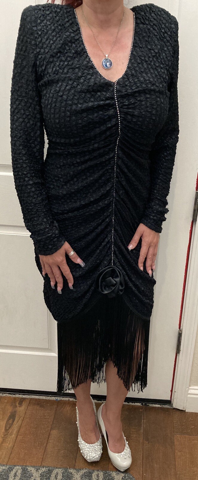 Vintage Joy Stevens Fringe w/rhinestones Black Womens Vintage Rare Dress Size 8