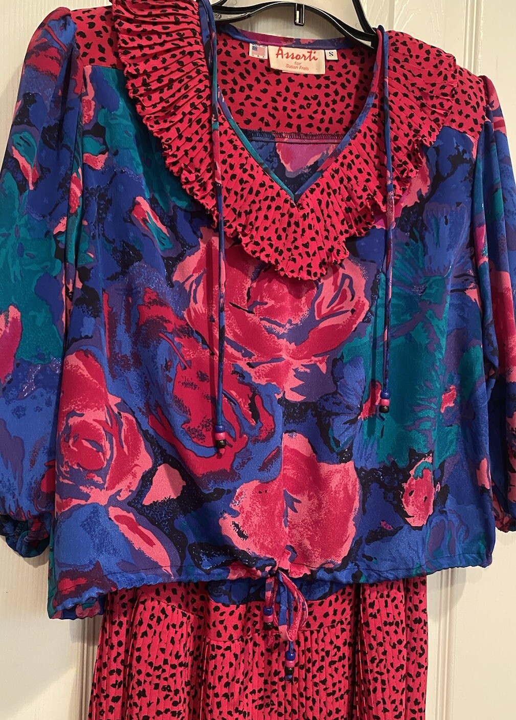 Vtg Assorti Susan Freis Pink Animal Print Pleated Dress 2 Pc Sz S Tassels Ruffle