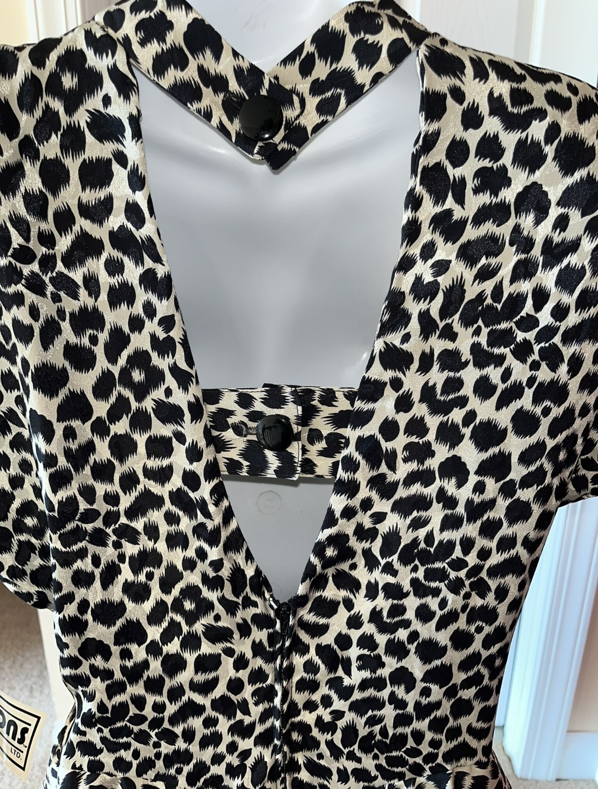 Vintage Tags 1980s Leopard Print Peplum Cap Slv Dress Open Back Sz 16 Curr 10-12