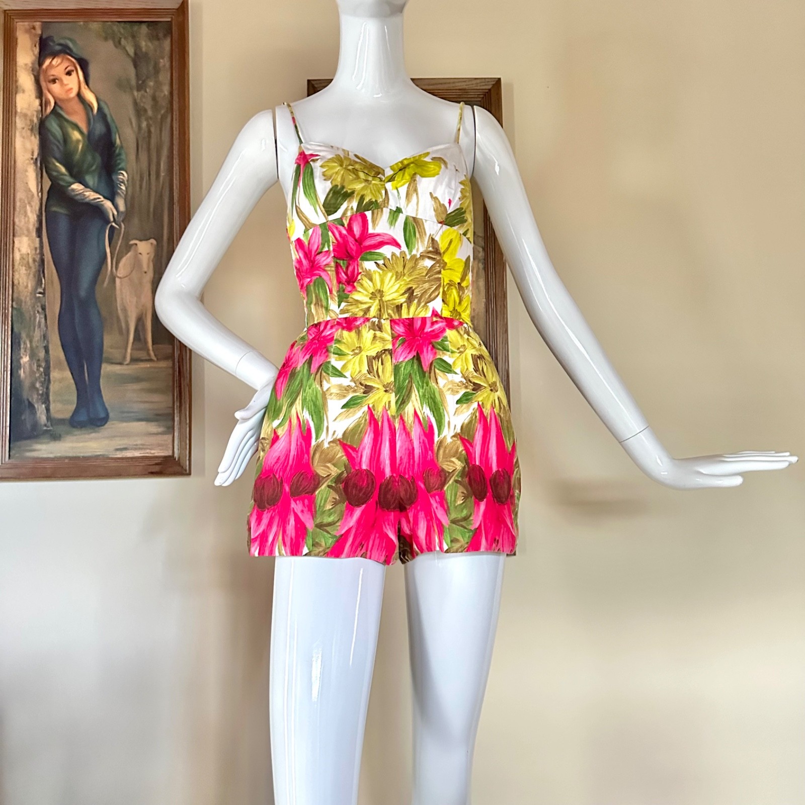 Vintage 1950s Kahala Electric Floral Hawaiian Pin-up Swimsuit Playsuit Romper S