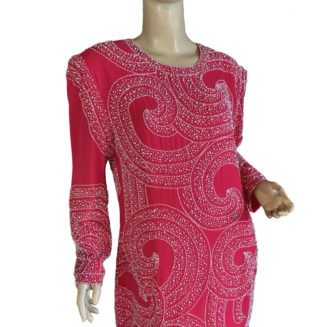 WOMEN’S VINTAGE 1980’S JACK PINK & WHITE BEADED FORMAL DRESS SIZE 14