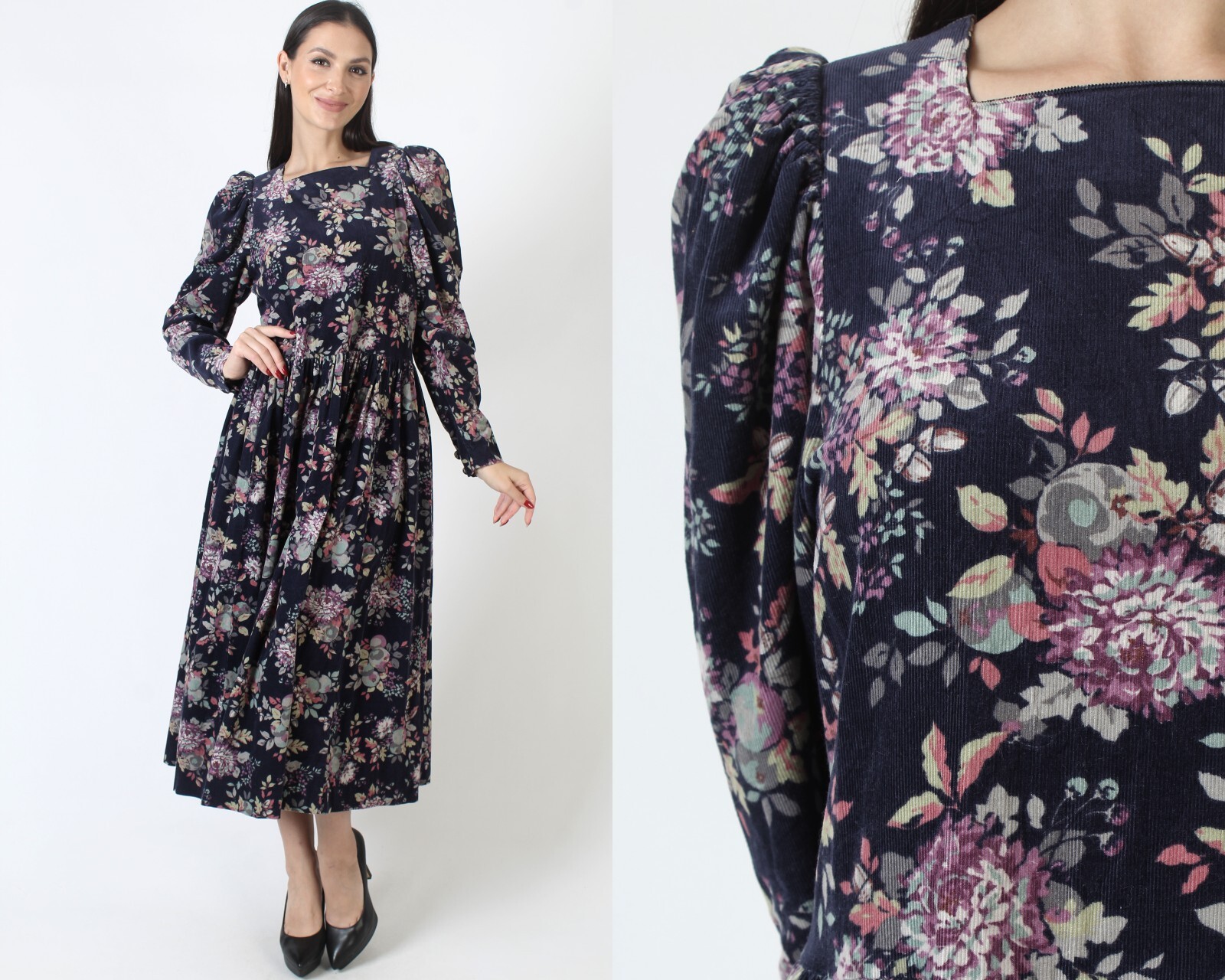 Vtg 80s Laura Ashley Corduroy Dress Floral Farm Cord Pockets Prairie Midi 12 10