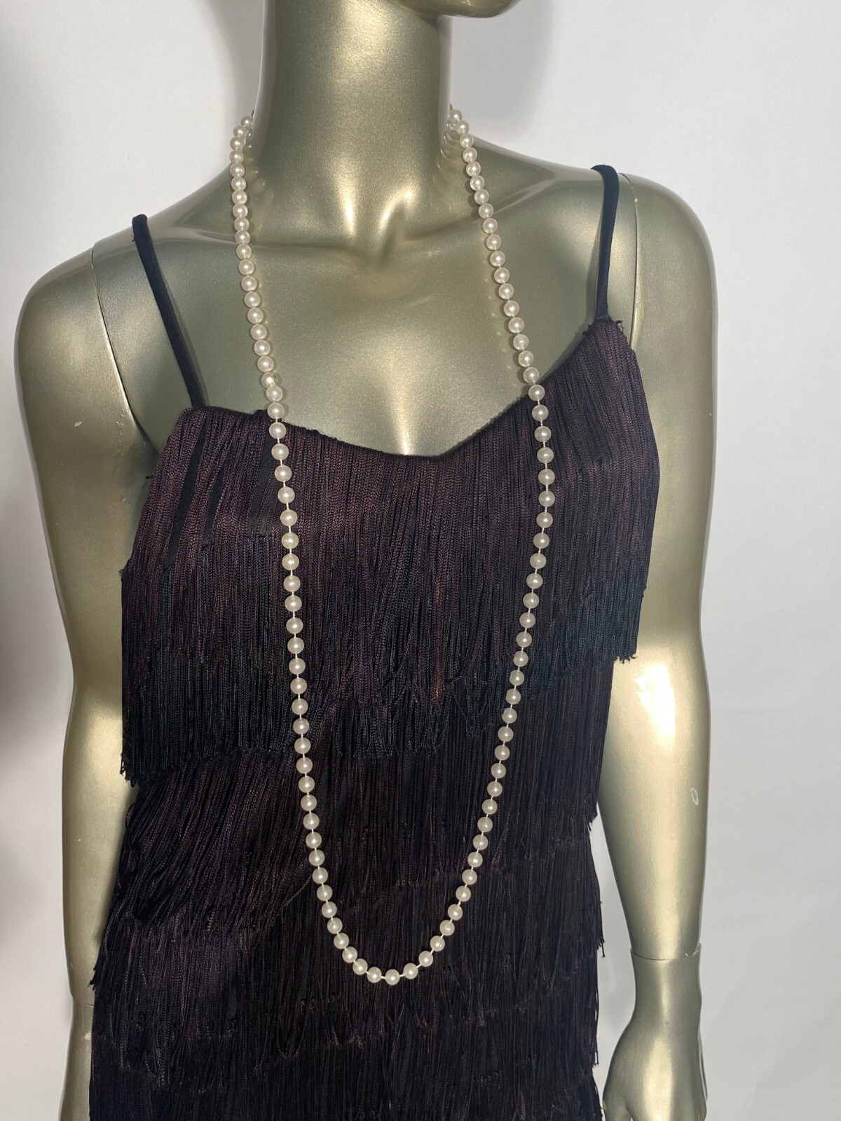 Multi Layered Black Fringe GoGo Dress Flapper Costume Nu-Mode Pearls Included