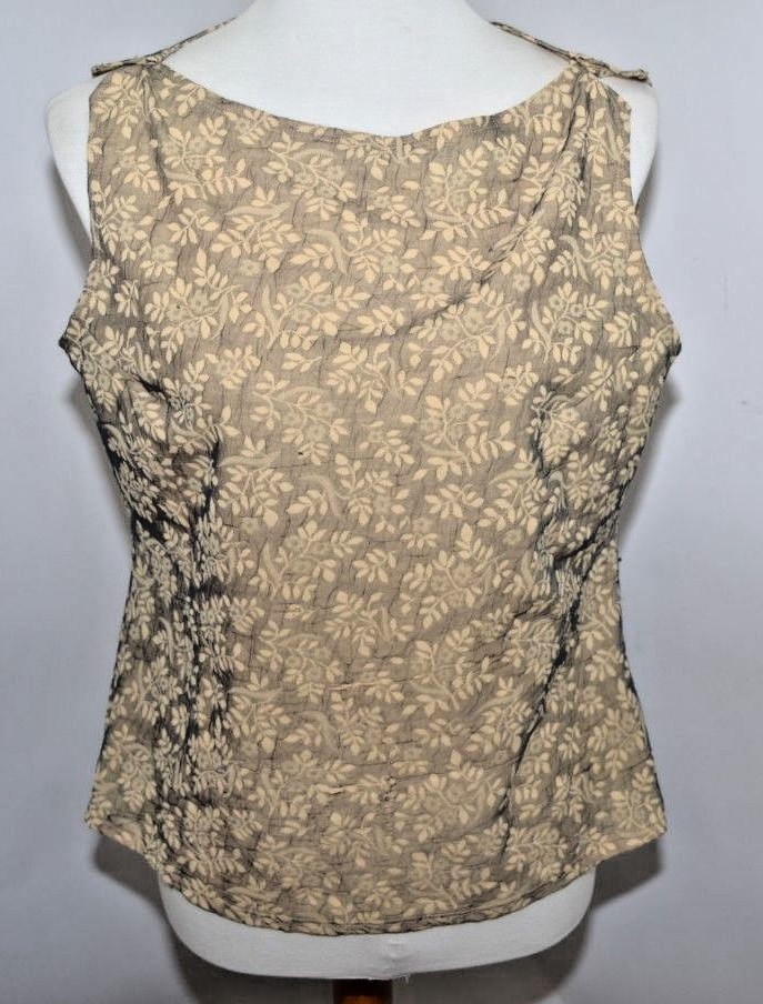 Mixit Sleevless tank top Shirt Cream Tan Black Floral Lace Made in USA Woman L