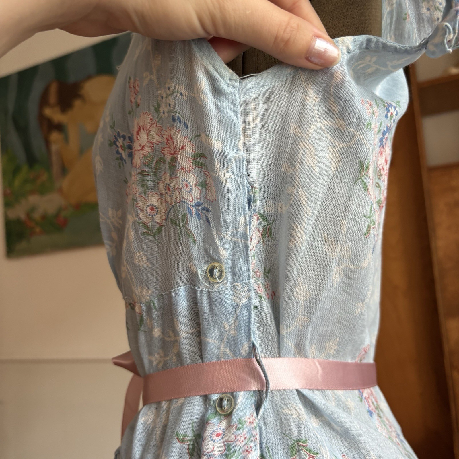 Vintage 1940s Blue Floral Cotton Voile Fabric Dress Ruffle Trim Summer