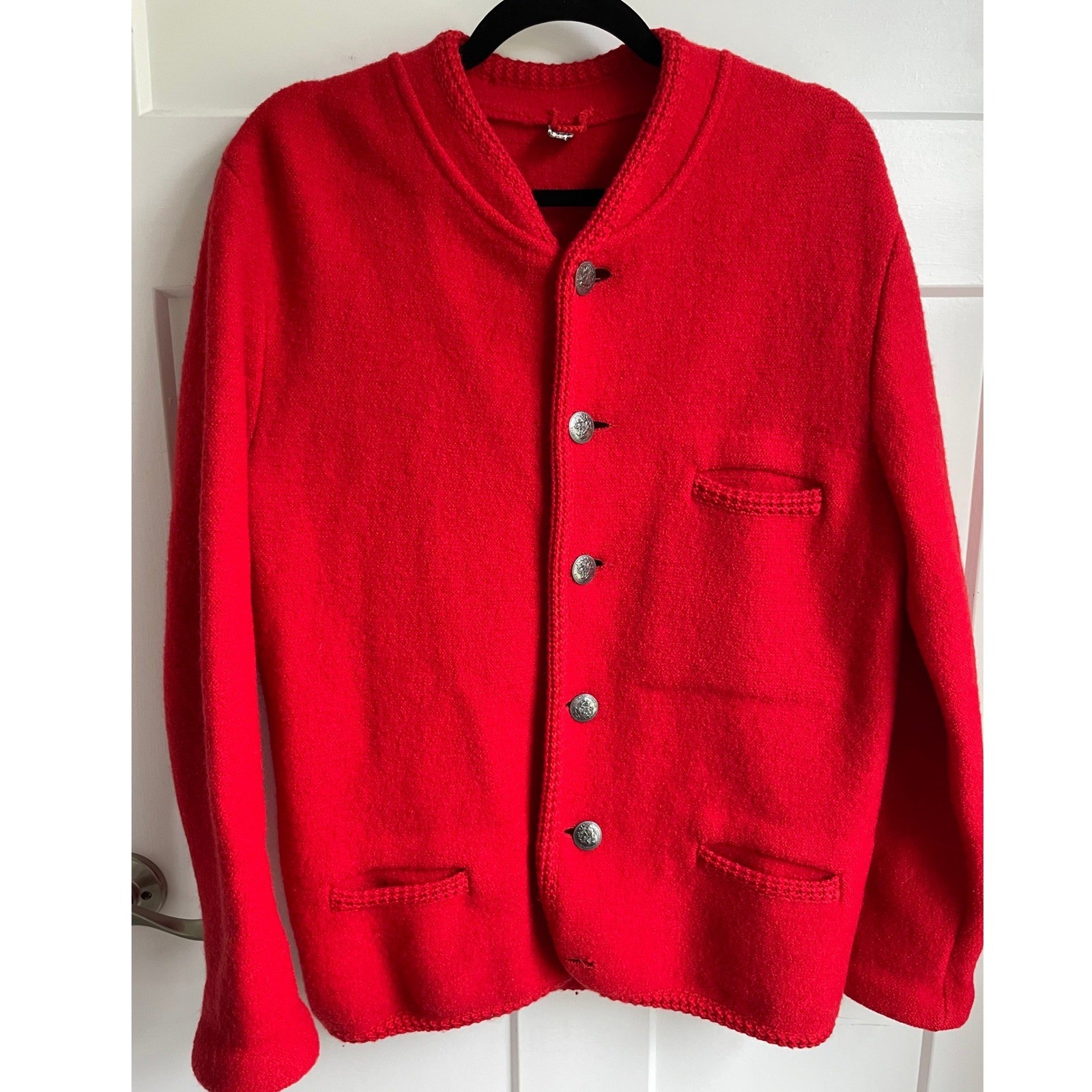 VTG Boiled Wool Jacket Bomber Cherry Red Bavarian Trachten St George Button L
