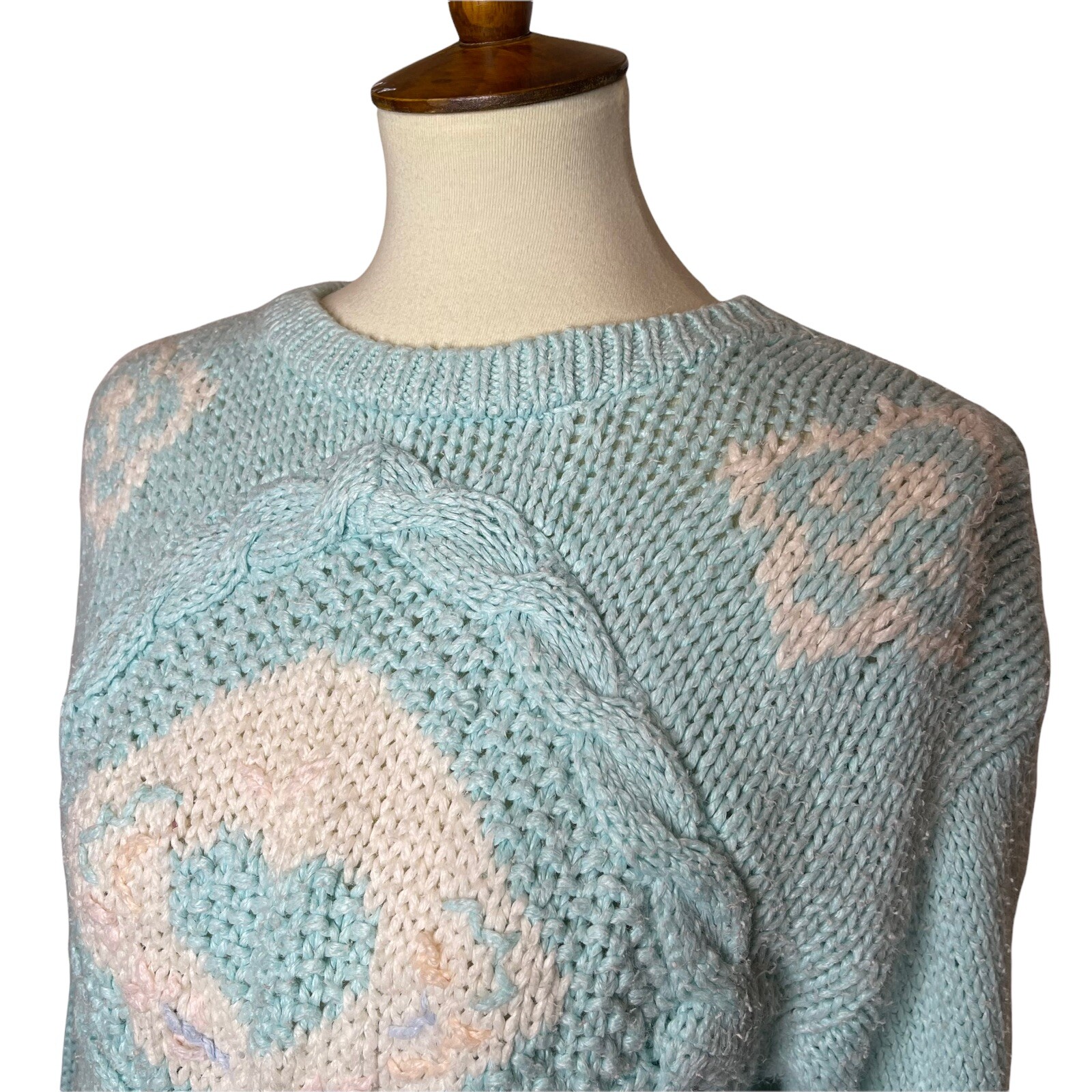 Vintage 80s Spice of Life Fairy Kei Kawaii Sweater Ramie Acrylic Sea Foam Blue M