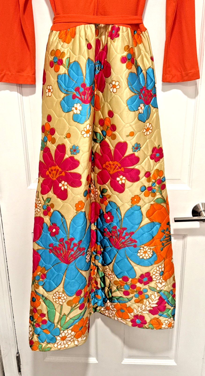 Vintage 1960s Orange Flower Power Quilted Hostess Maxi Dress Lounger Size 16