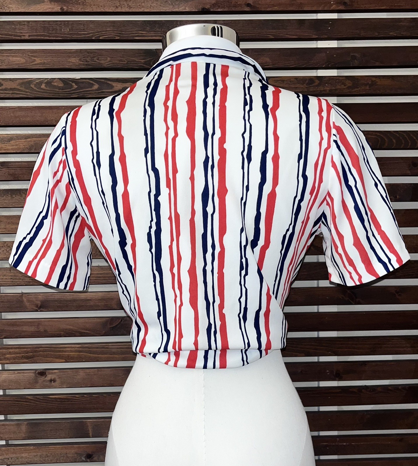 1970s 70s Vintage Red Blue White Striped Button Short Sleeve Graff Blouse Shirt