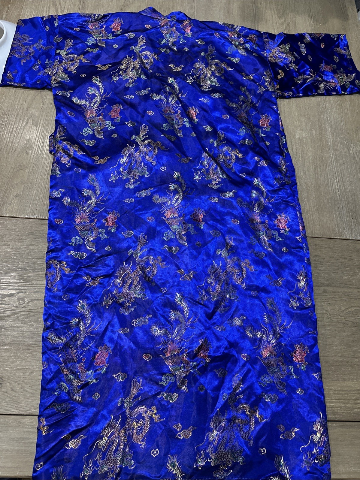 Vintage Plants Silk Blue Dragon Embroidered Robe 3/4 Sleeves Women M No belt