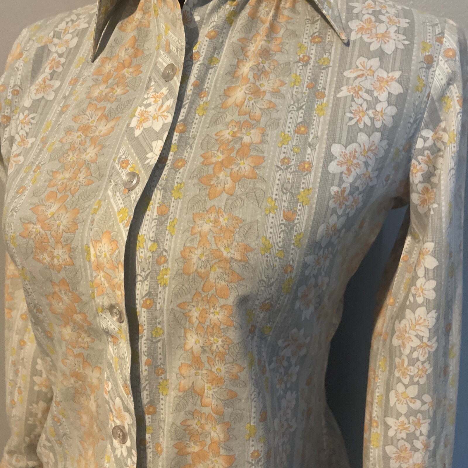 Vintage College Town Small Floral Stripe Button Down High Collared Blouse Top