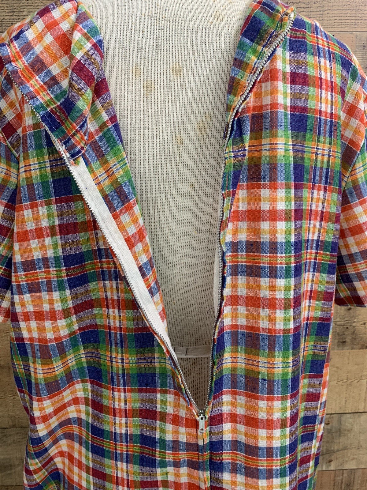 Vintage 1960s Mod Bright Plaid Woven Cotton House Dress 48” Bust /48” Waist