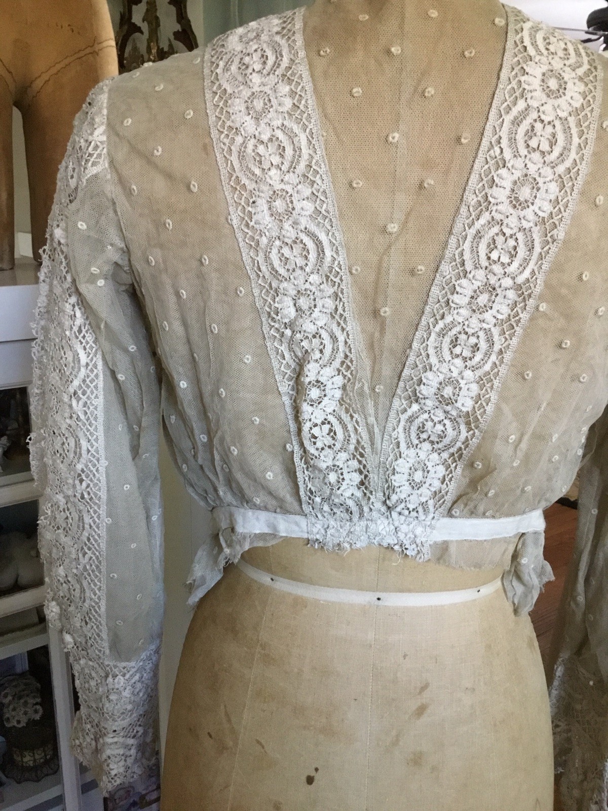 Antique Vintage Edwardian Victorian Net Blouse Lace Detail Ecru Student AS IS