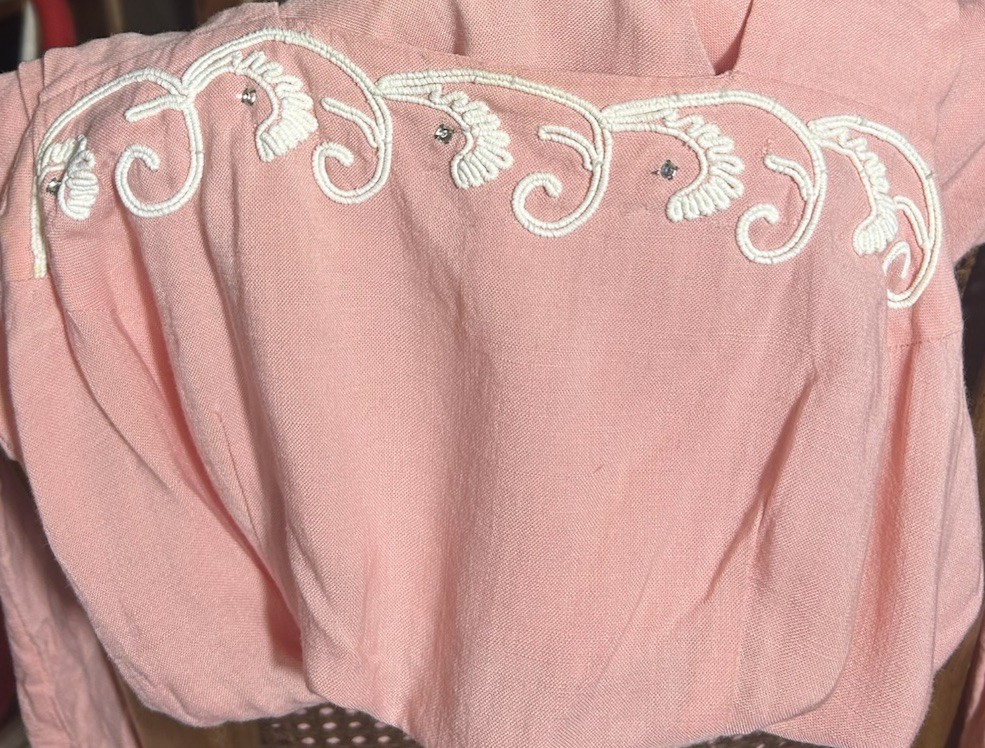 Vtg 1940s Pink Pinafore Dress Rayon Linen Novelty Soutache Pockets Metal Zip 32W