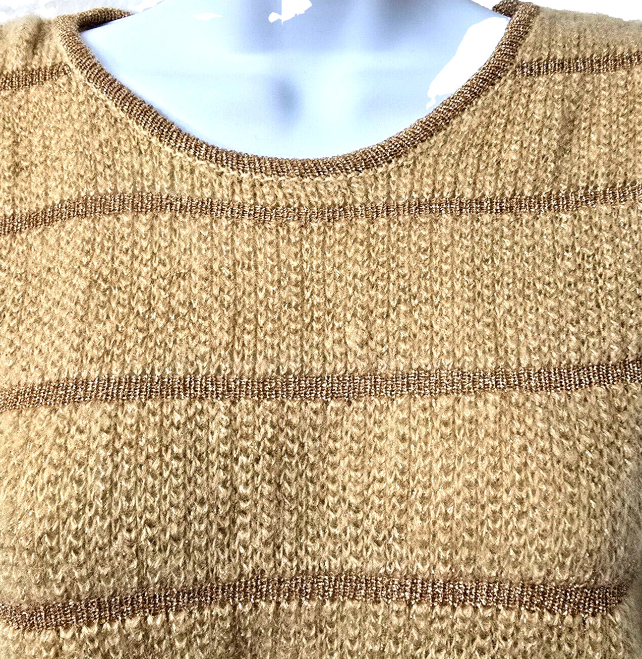Vintage Wool Blend Knit Sweater S Ribbed Puff Sleeve Gold Sparkle 70s Grandma