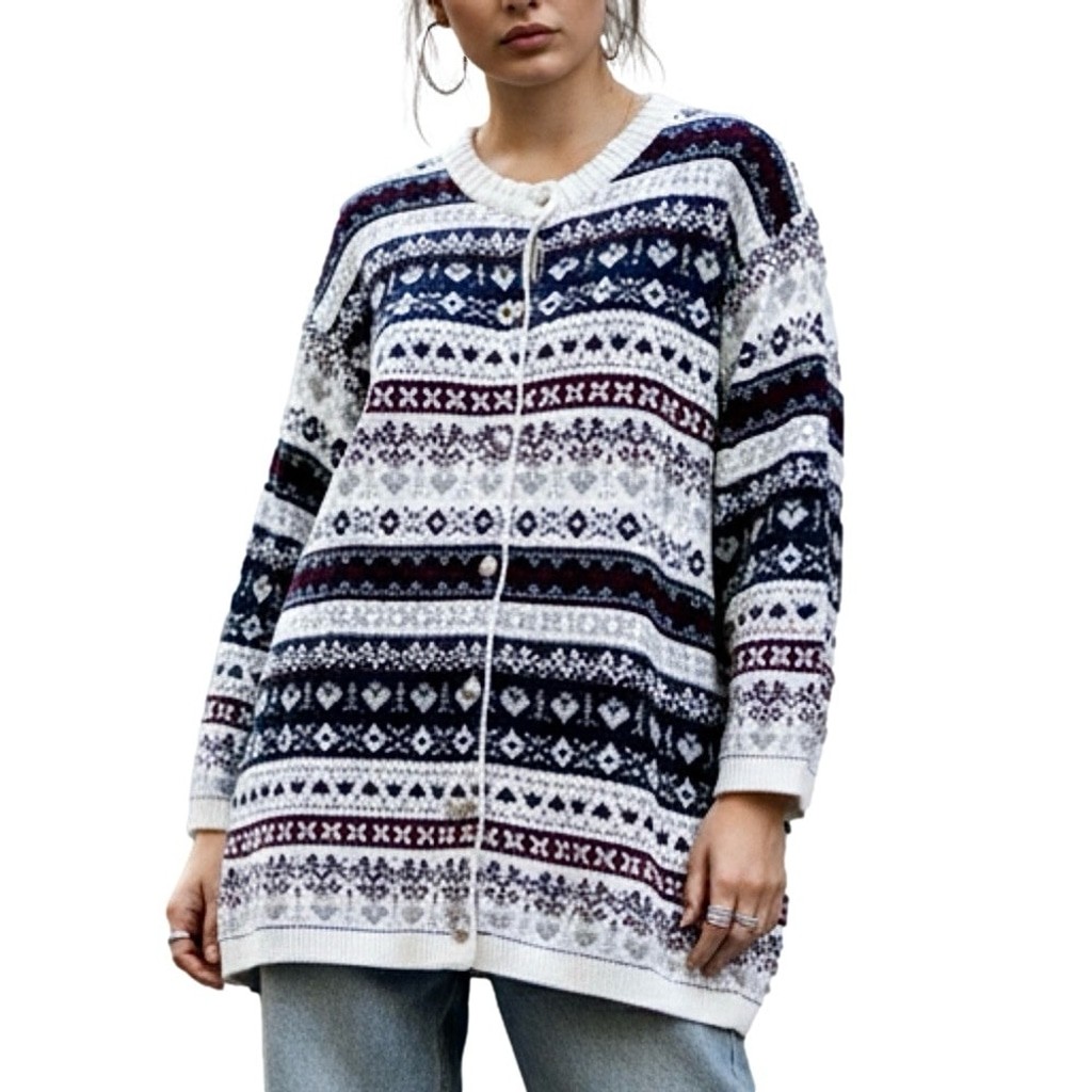 Vintage Carroll Reed acrylic ivory navy burgundy fair isle boxy tunic cardigan L