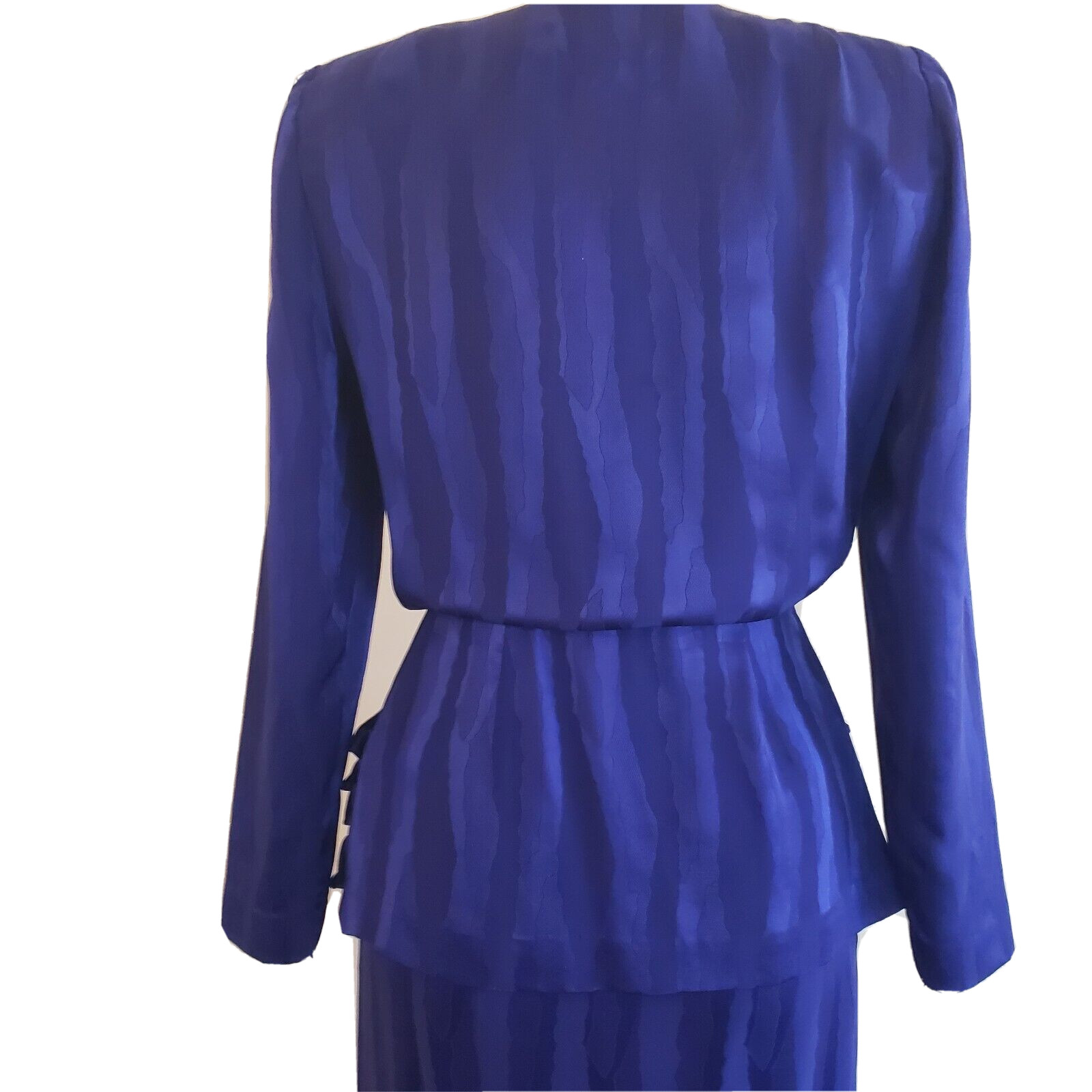 Vintage Vicky Tiel Blouse Skirt Set XS Violet Silk V Neck Peplum Knee Length