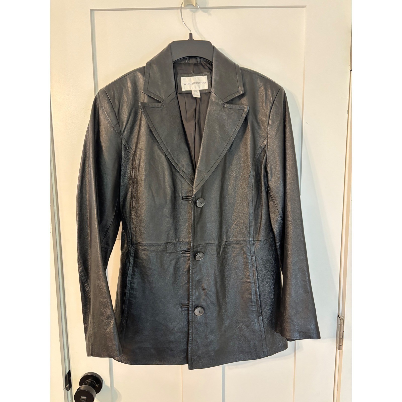 Vintage 90s Worthington Black Leather Blazer Jacket Soft Lambskin SZ L Minimal