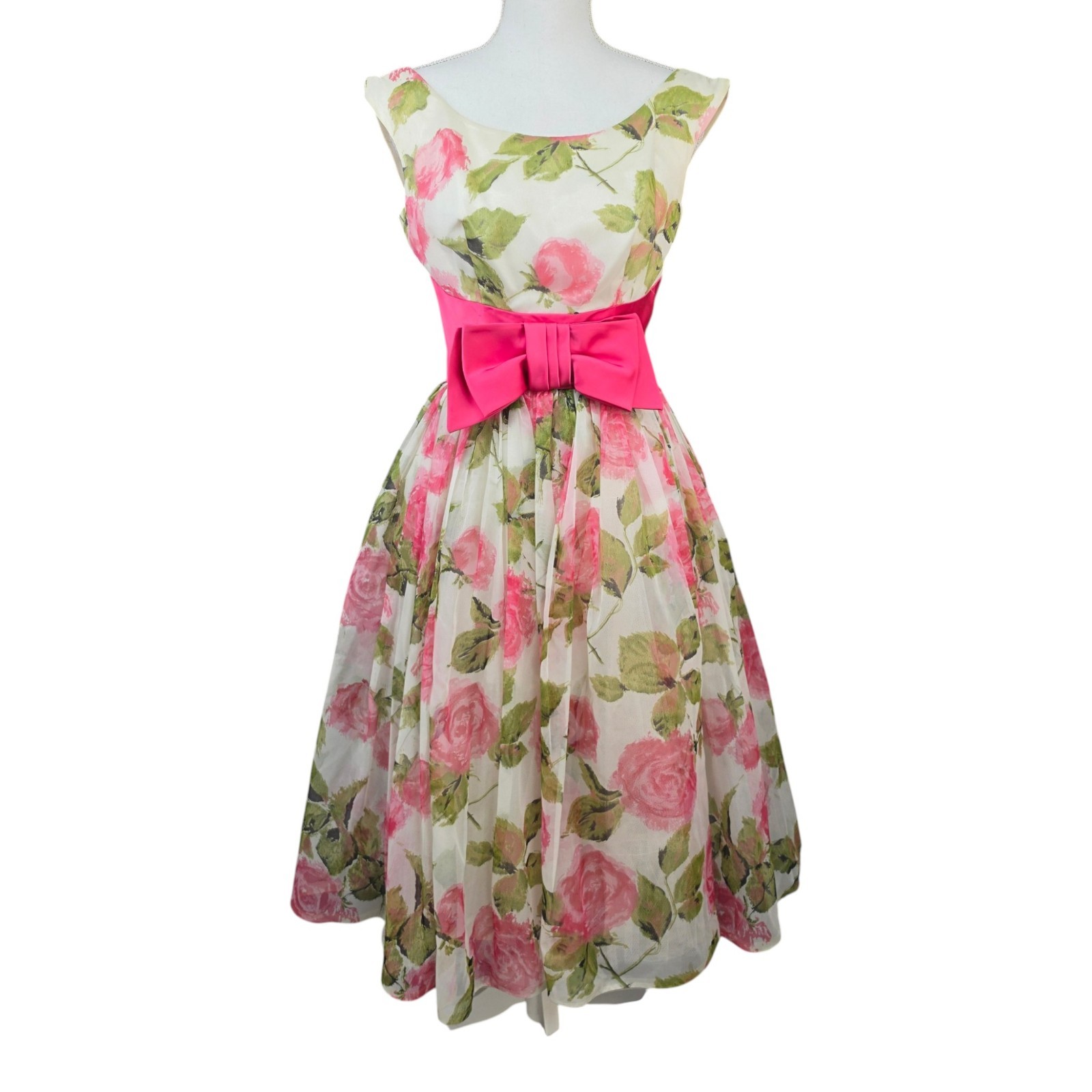 Vtg 1950-60s Floral Cocktail Party Dress Pink Bow Fit Flare Womens Small Costume
