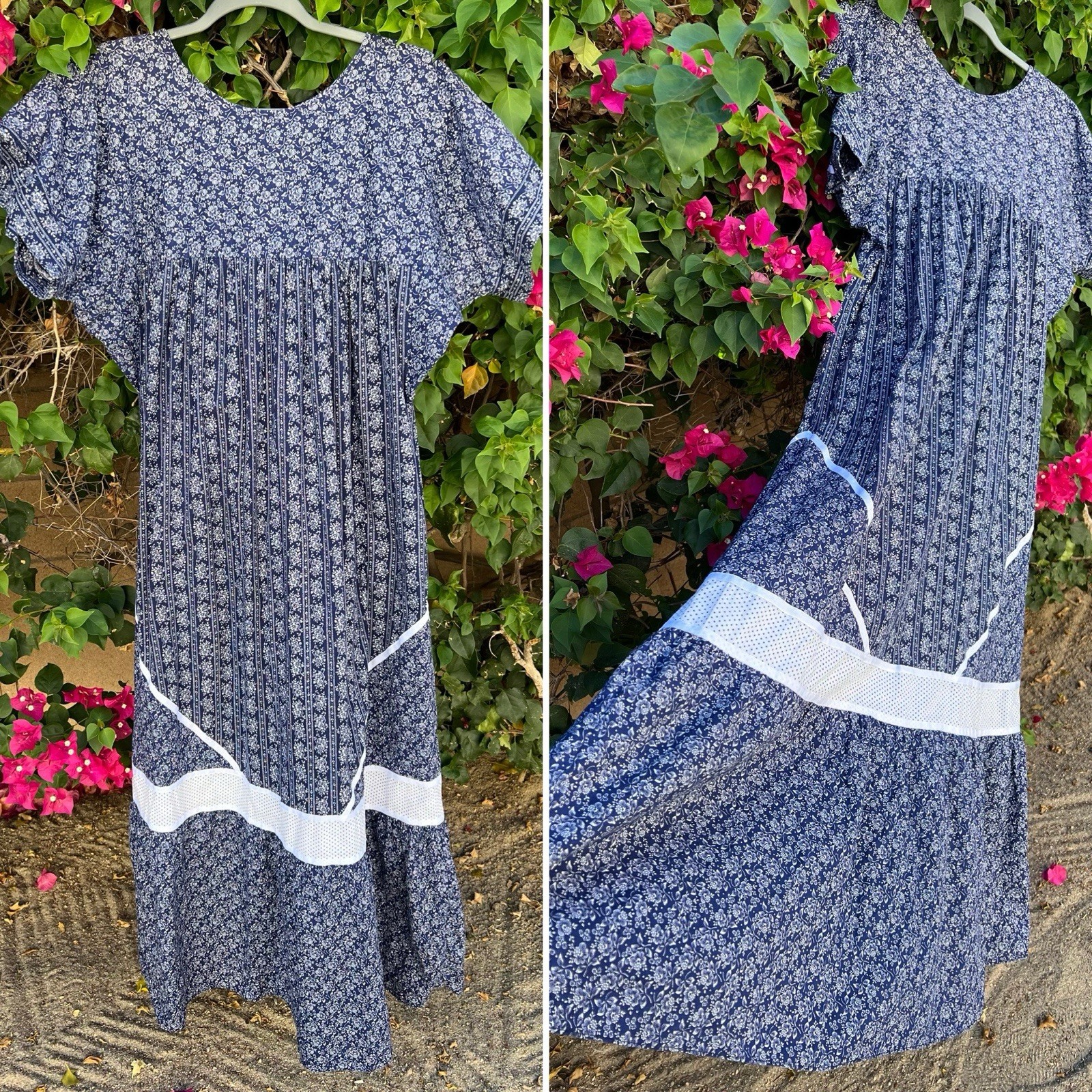 Carol Bennett Liberty House Hawaii Dress M Blue Floral Prairie Muu Muu Vintage