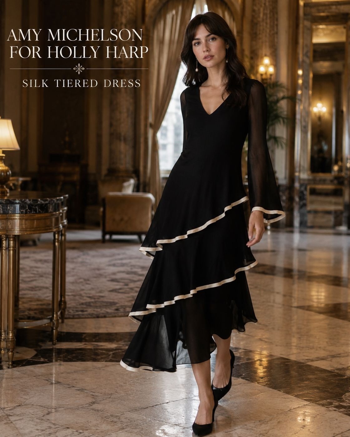 VTG 90s Amy Michelson for Holly Harp Silk Asymmetric Tiered Dress M Black Ivory