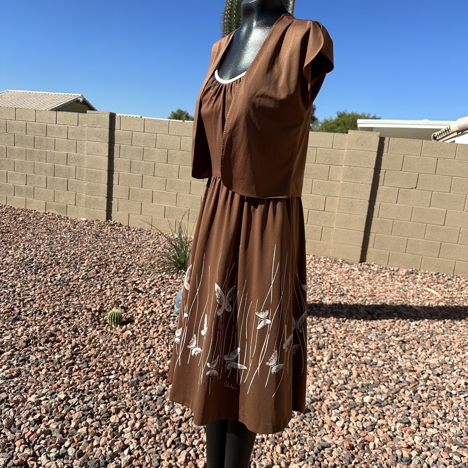 Vintage 70s Alfred Shaheen Brown Pleated Butterfly Dress Bolero Set Fits Sz 8